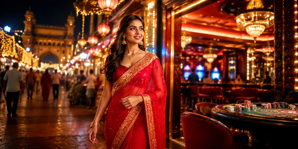 Indian woman enjoying cricket betting on mobile app, vibrant market scene